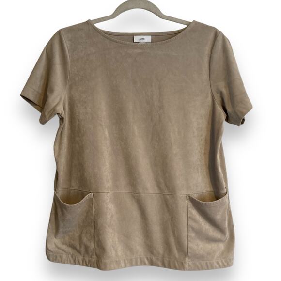 JJill Tan Faux Suede Soft Neutral Cottagecore Peasant Pocket Top Size Small - Picture 1 of 15